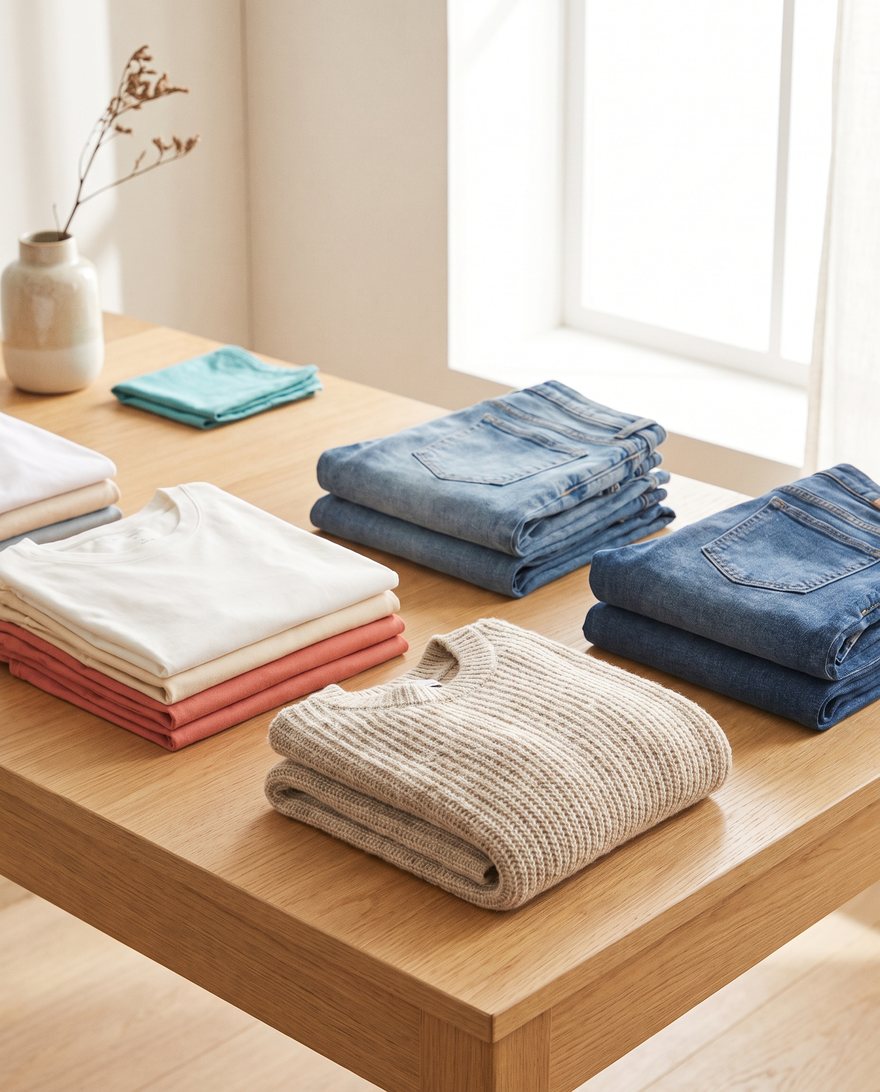 Neat stacks of freshly folded everyday clothing on a pale oak surface