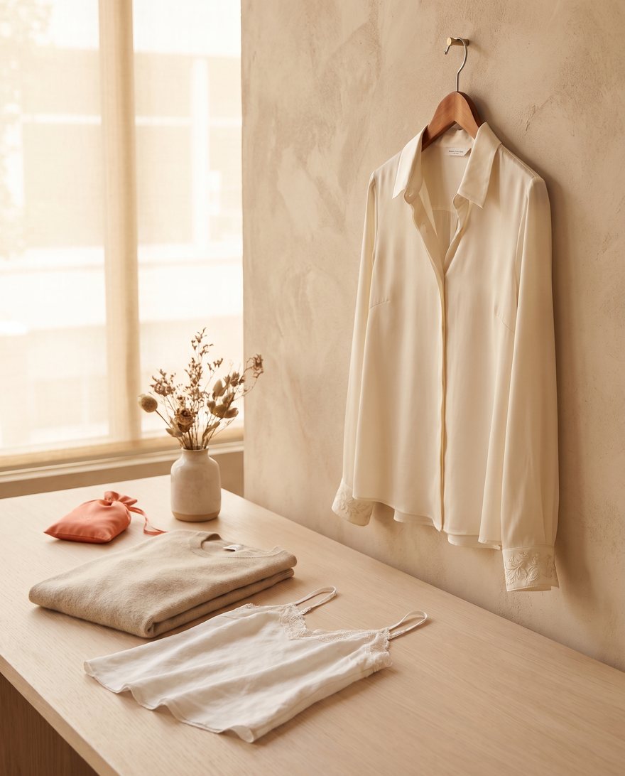 An ivory silk blouse on a wooden hanger in a premium garment care studio