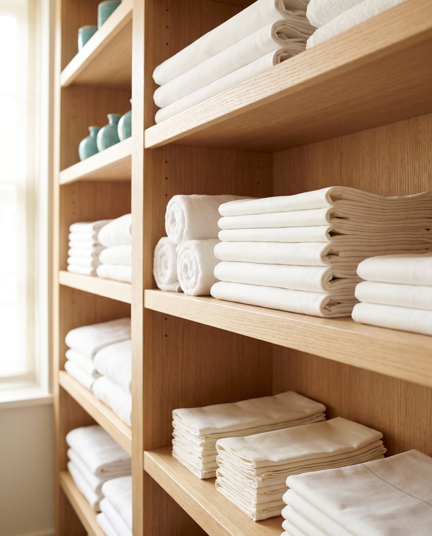 Professionally folded white hospitality linens stacked on pale wood shelving