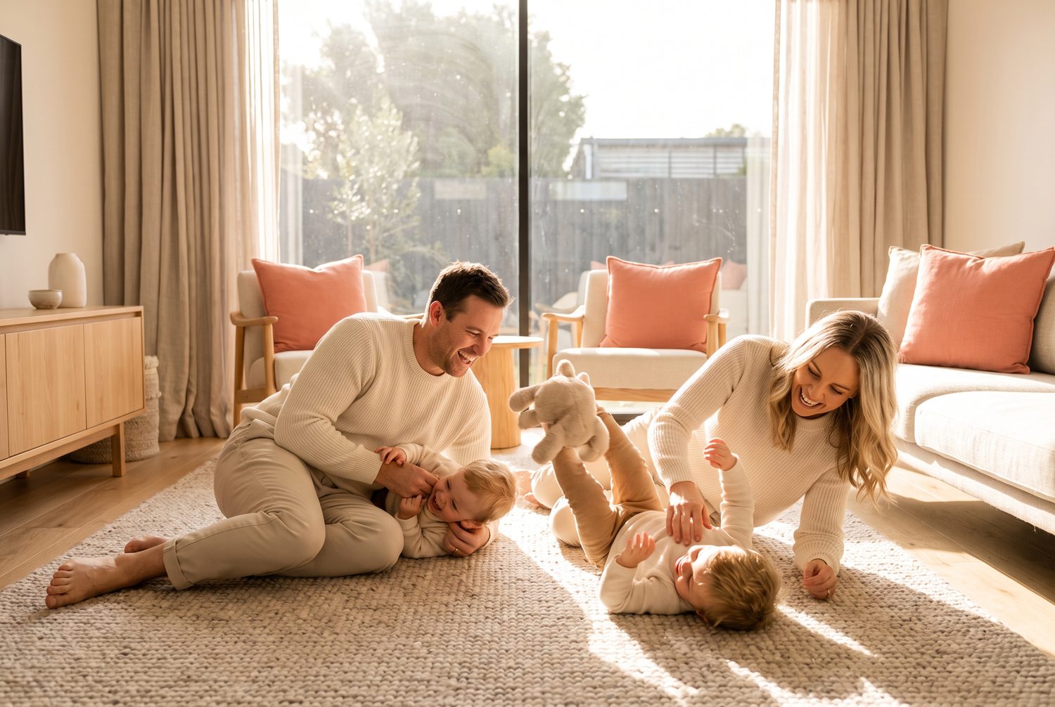A family laughing together on a rug in a sunlit living room