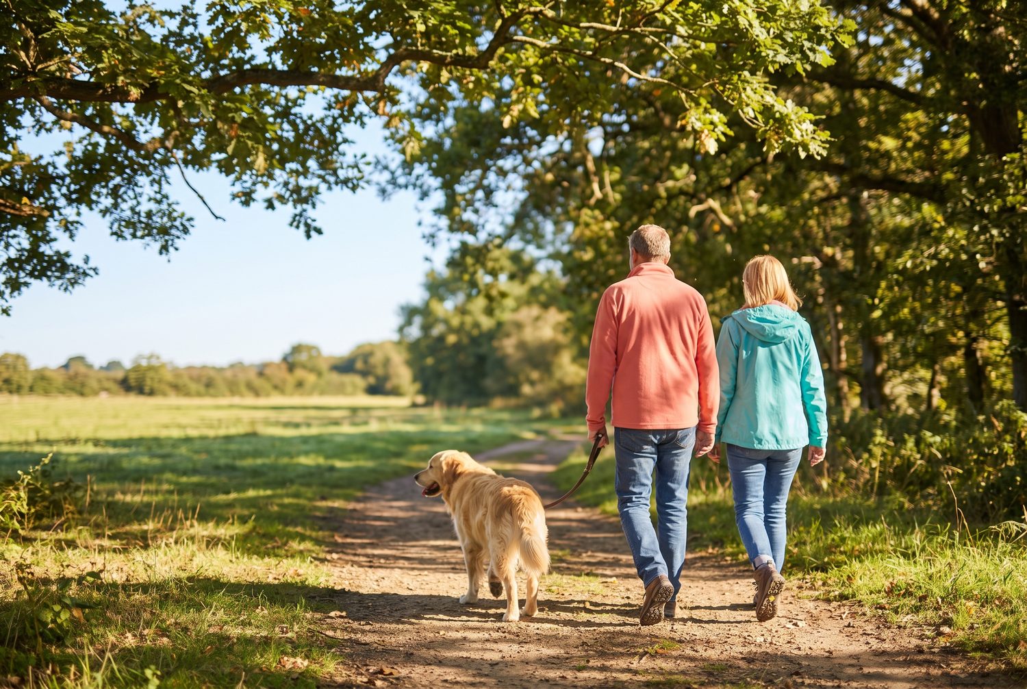 A couple walking a dog along a sunlit tree-lined path