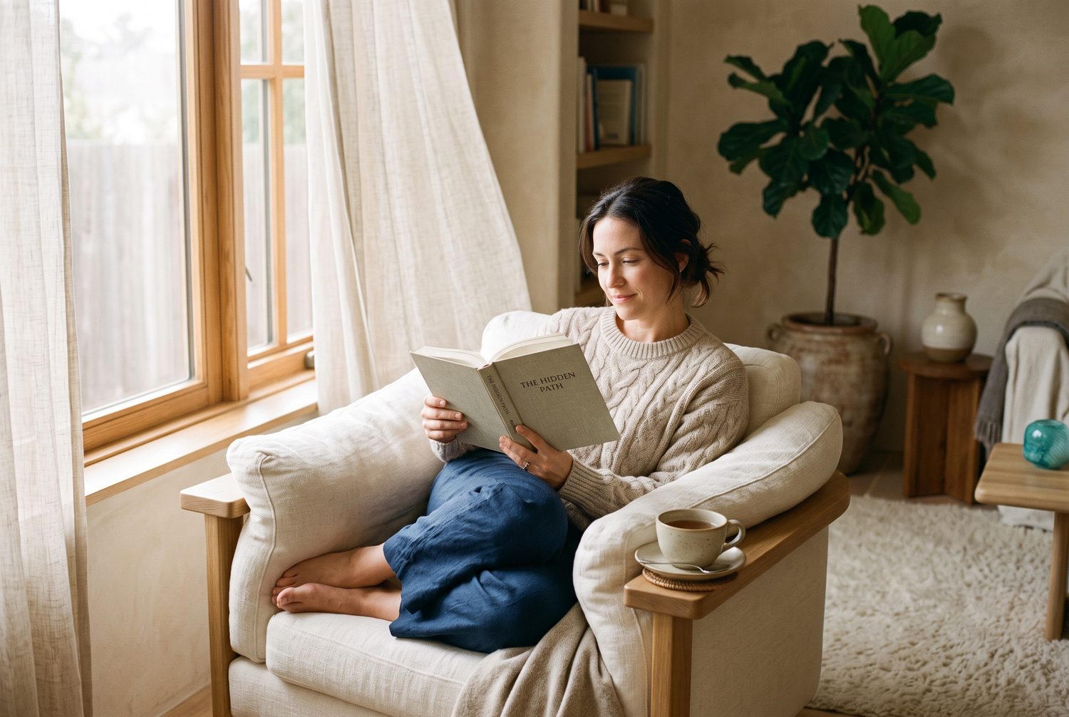 A person reading in an armchair beside a sunlit window with a cup of tea